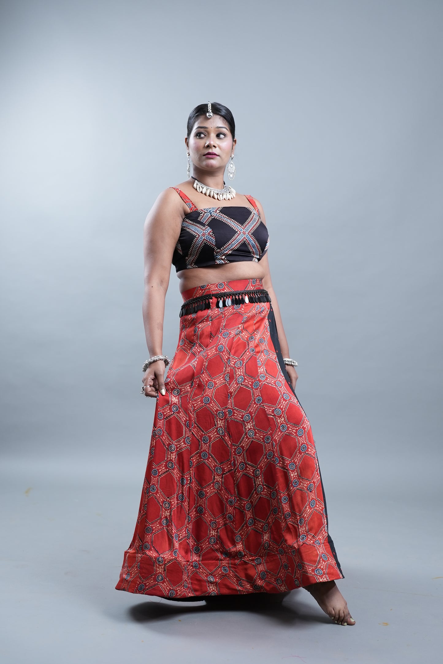 Ajrak Print 2 Piece Lehenga in Modal Silk  - Rustic Red