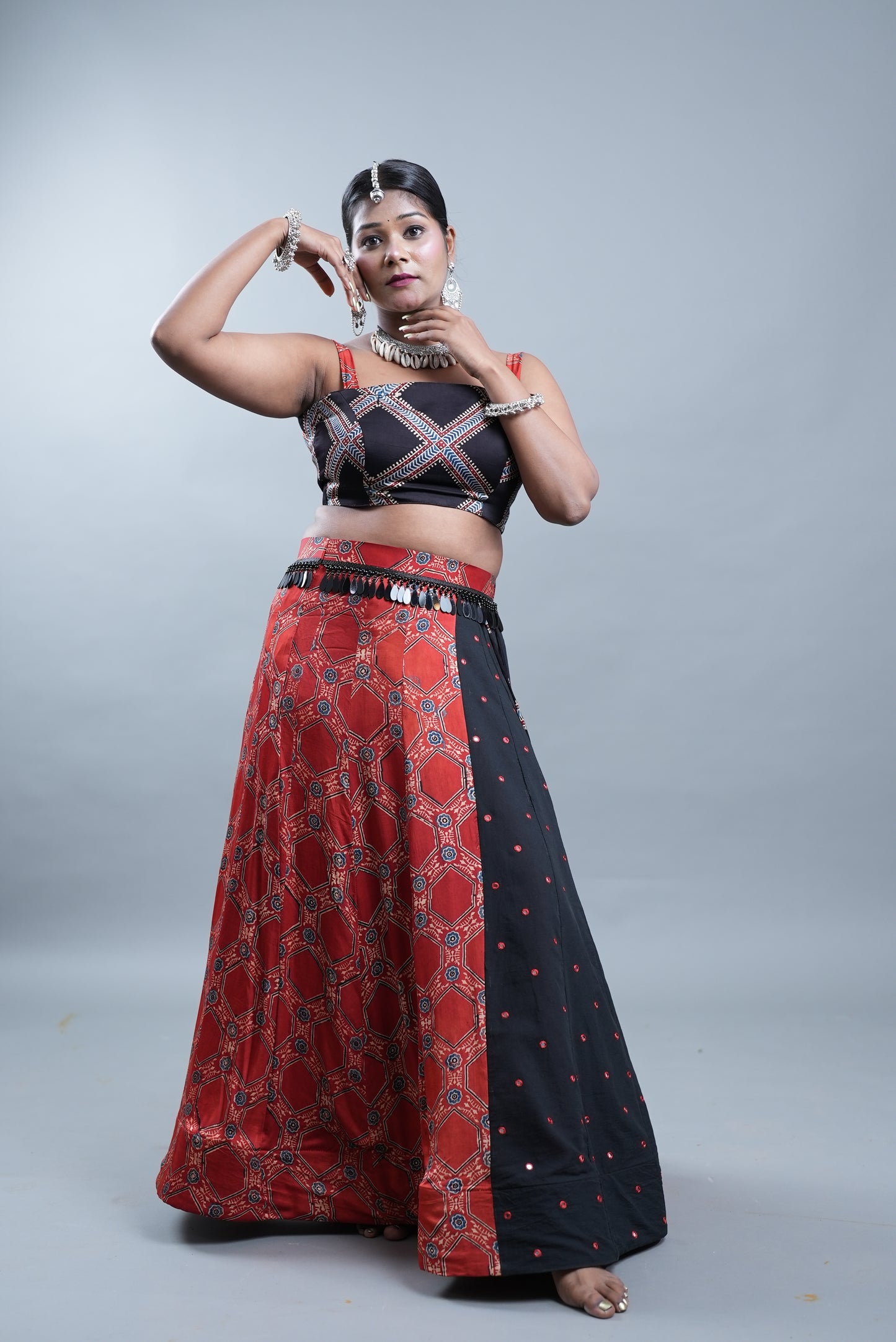 Ajrak Print 2 Piece Lehenga in Modal Silk  - Rustic Red