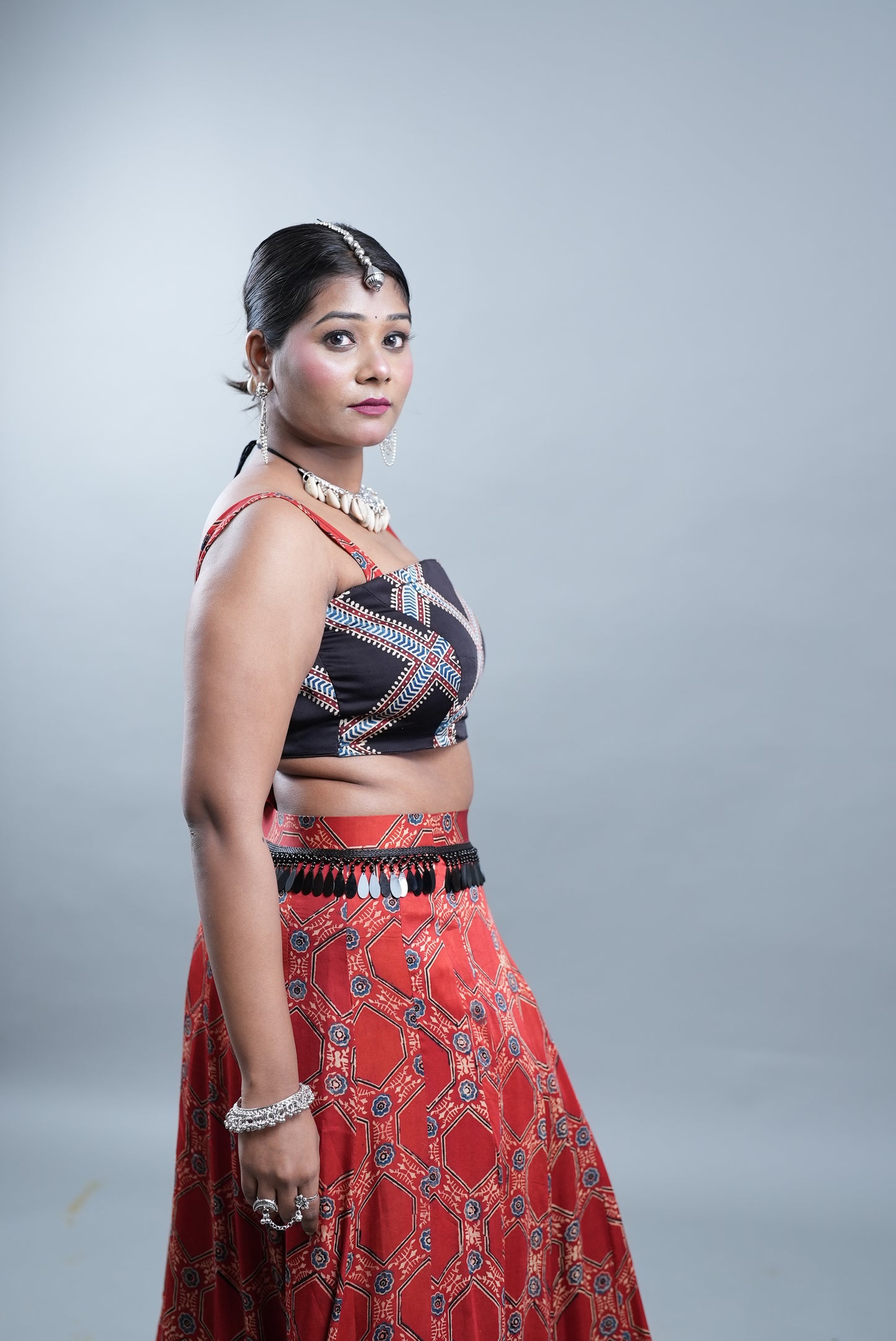 Ajrak Print 2 Piece Lehenga in Modal Silk  - Rustic Red