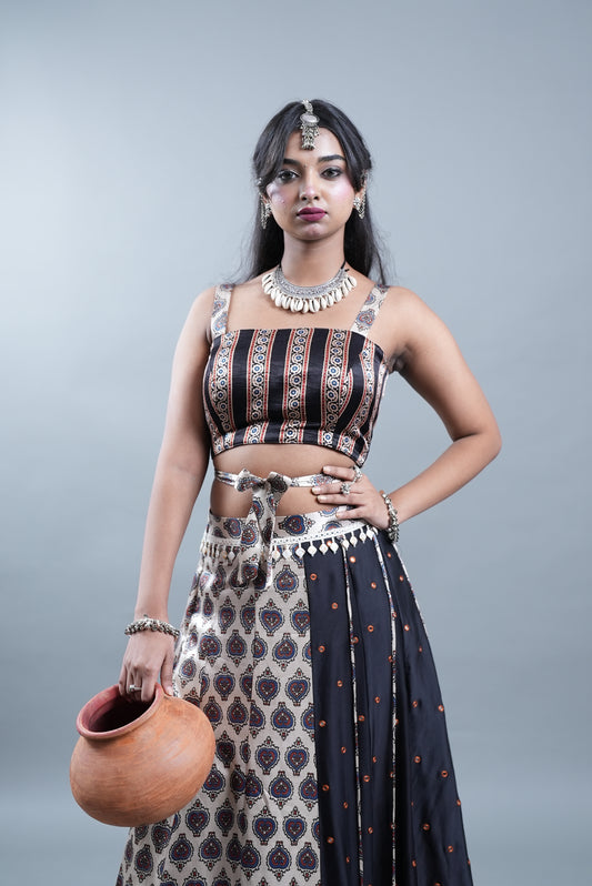 Ajrak Print 2 Piece Lehenga in Modal Silk  - Silver