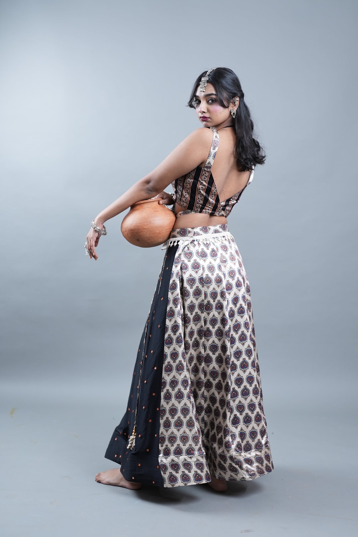 Ajrak Print 2 Piece Lehenga in Modal Silk  - Silver