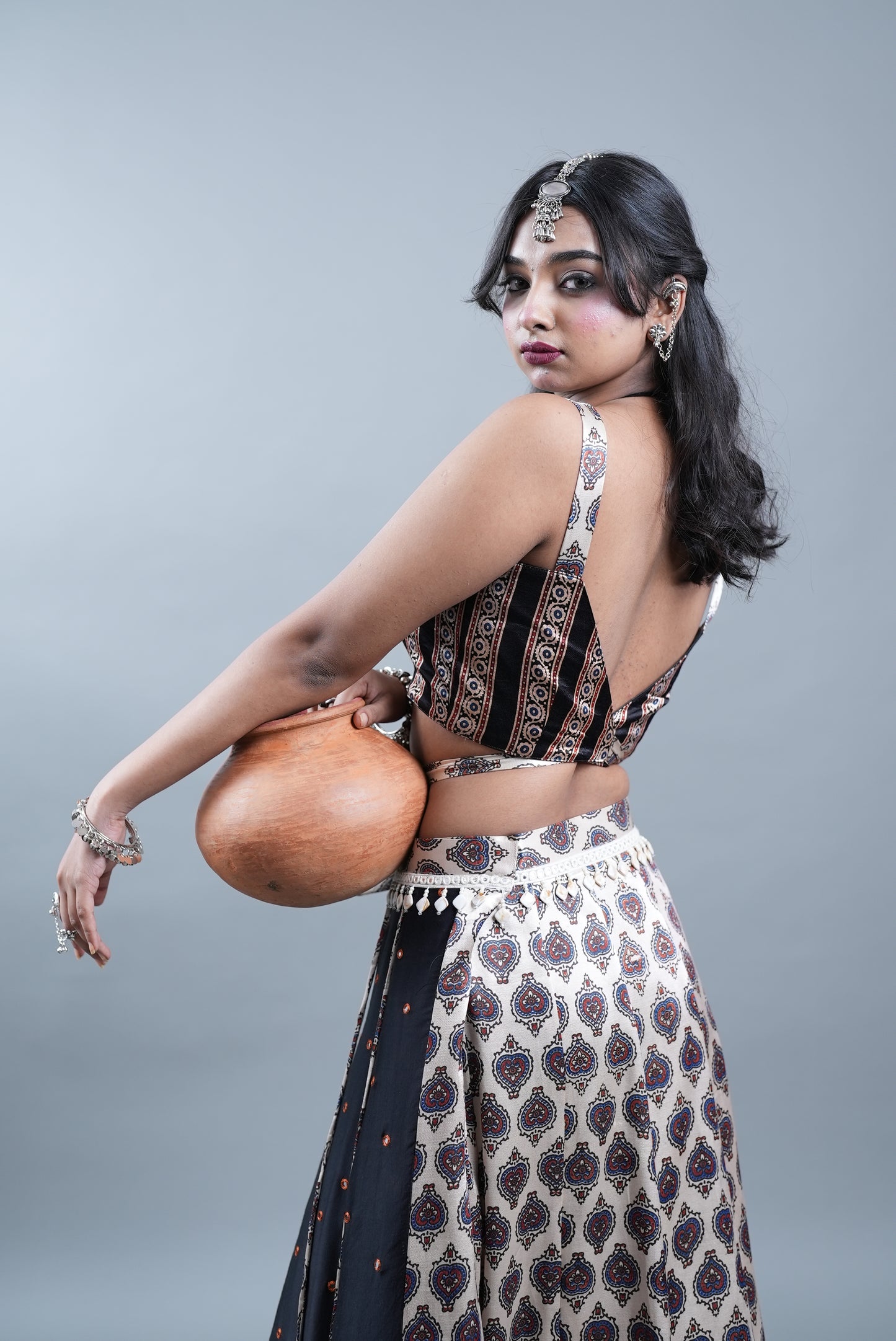 Ajrak Print 2 Piece Lehenga in Modal Silk  - Silver