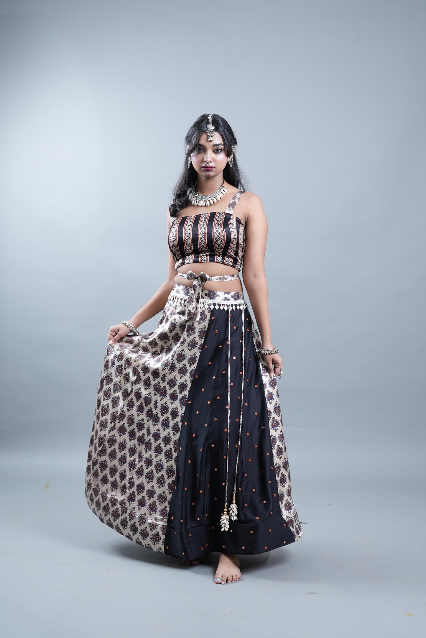Ajrak Print 2 Piece Lehenga in Modal Silk  - Silver