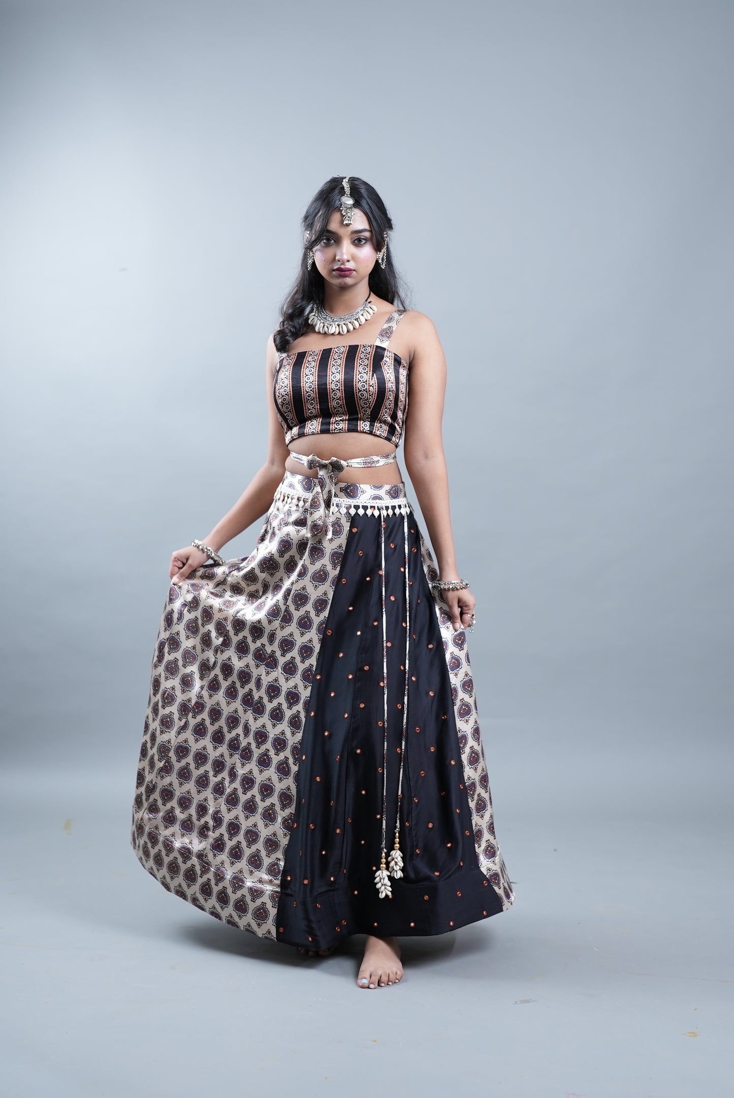 Ajrak Print 2 Piece Lehenga in Modal Silk  - Silver