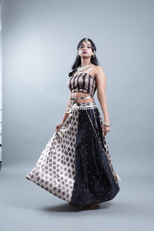 Ajrak Print 2 Piece Lehenga in Modal Silk  - Silver
