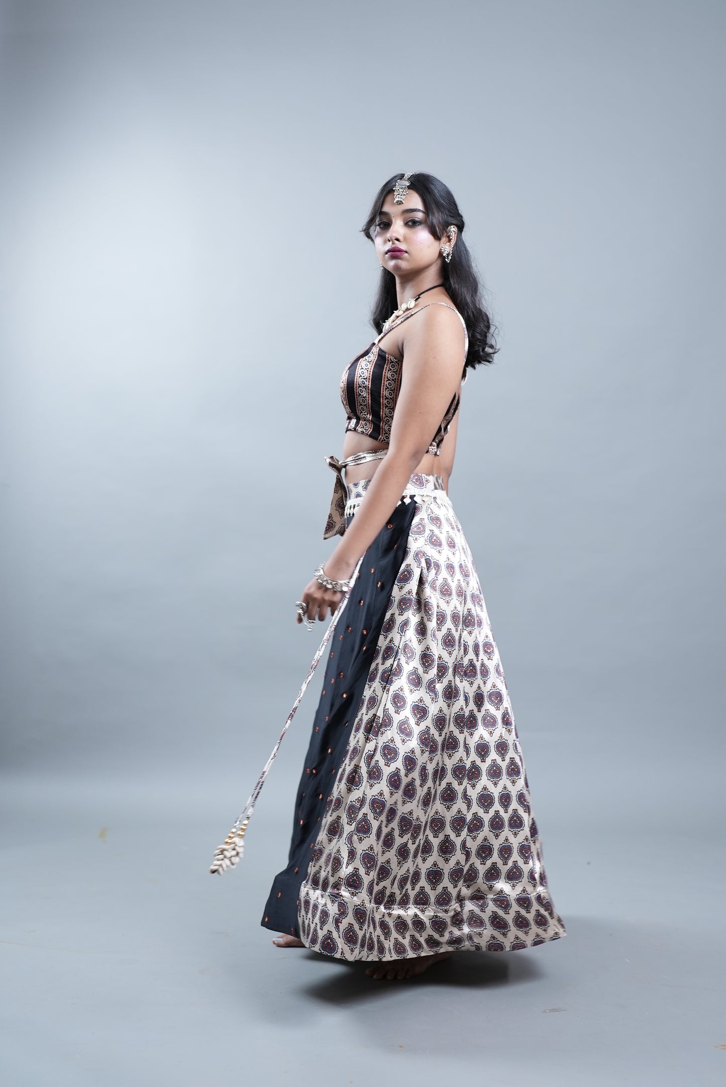 Ajrak Print 2 Piece Lehenga in Modal Silk  - Silver