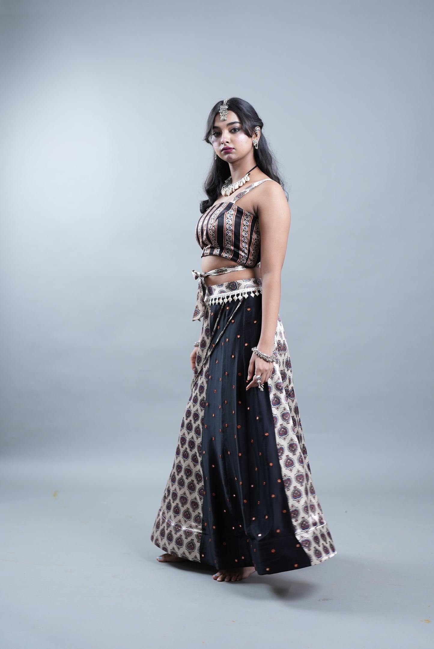 Ajrak Print 2 Piece Lehenga in Modal Silk  - Silver
