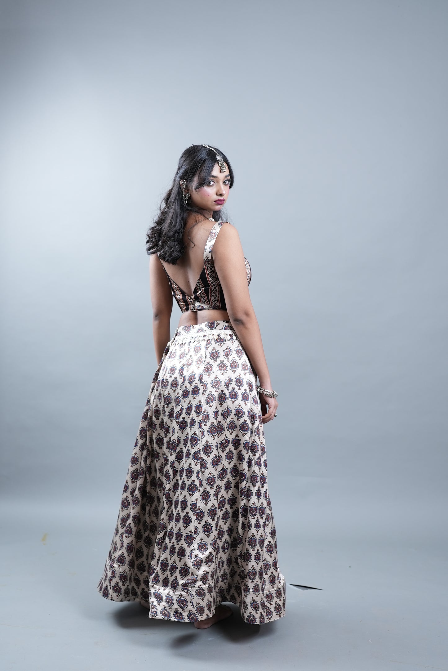 Ajrak Print 2 Piece Lehenga in Modal Silk  - Silver