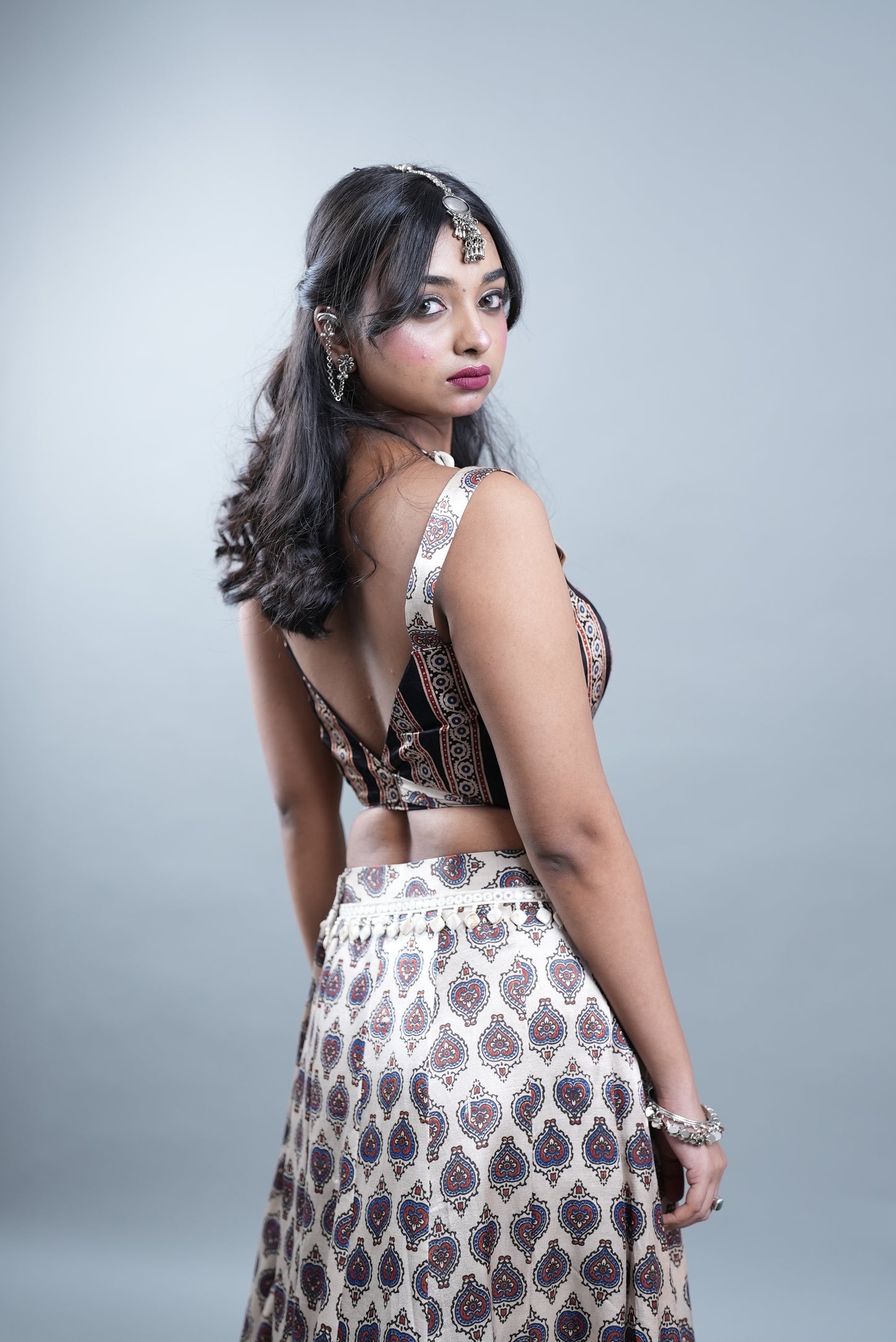 Ajrak Print 2 Piece Lehenga in Modal Silk  - Silver