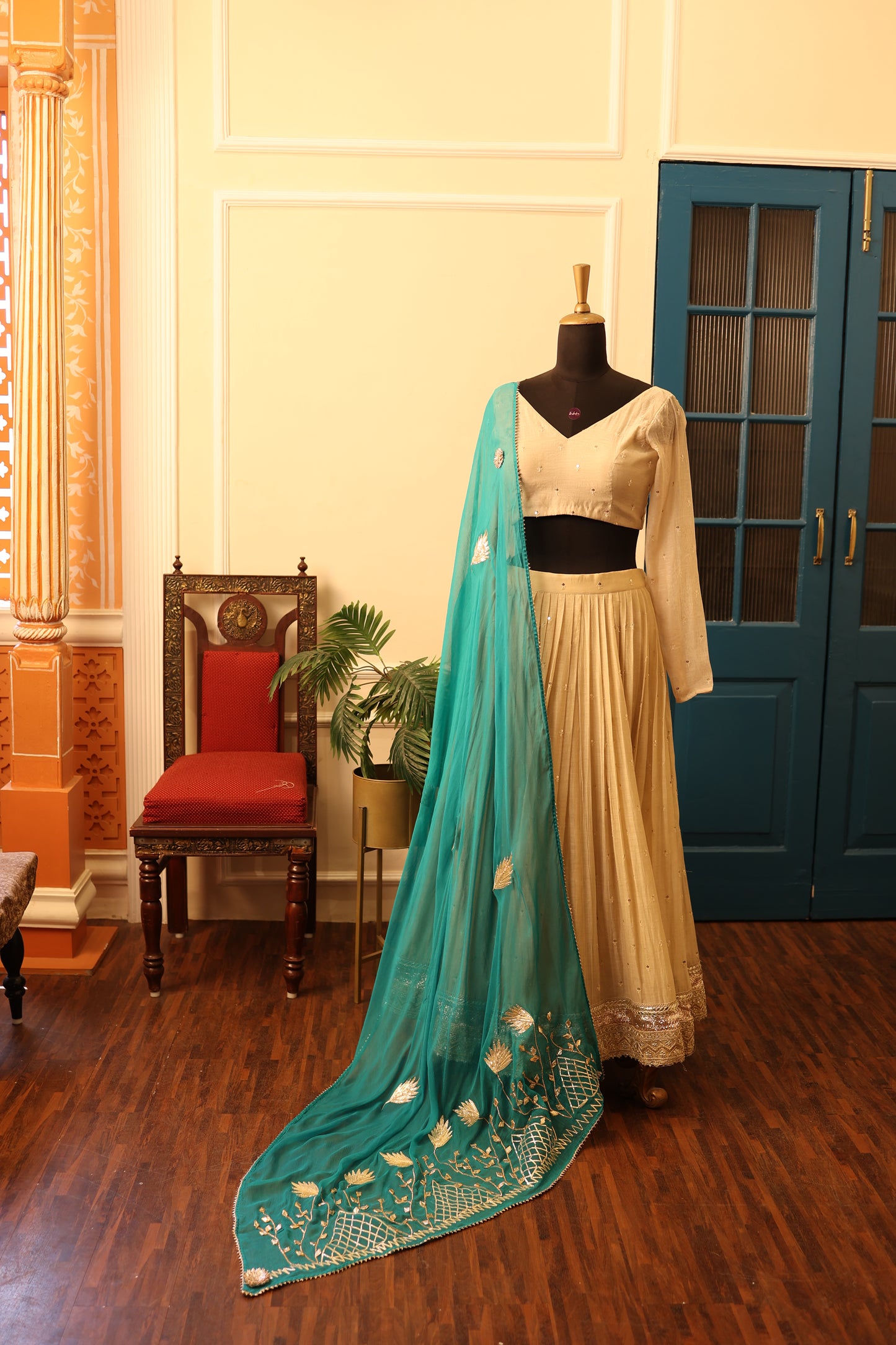 Ivory Chanderi Silk Lehenga with Turquoise Blue Chiffon  Dupatta