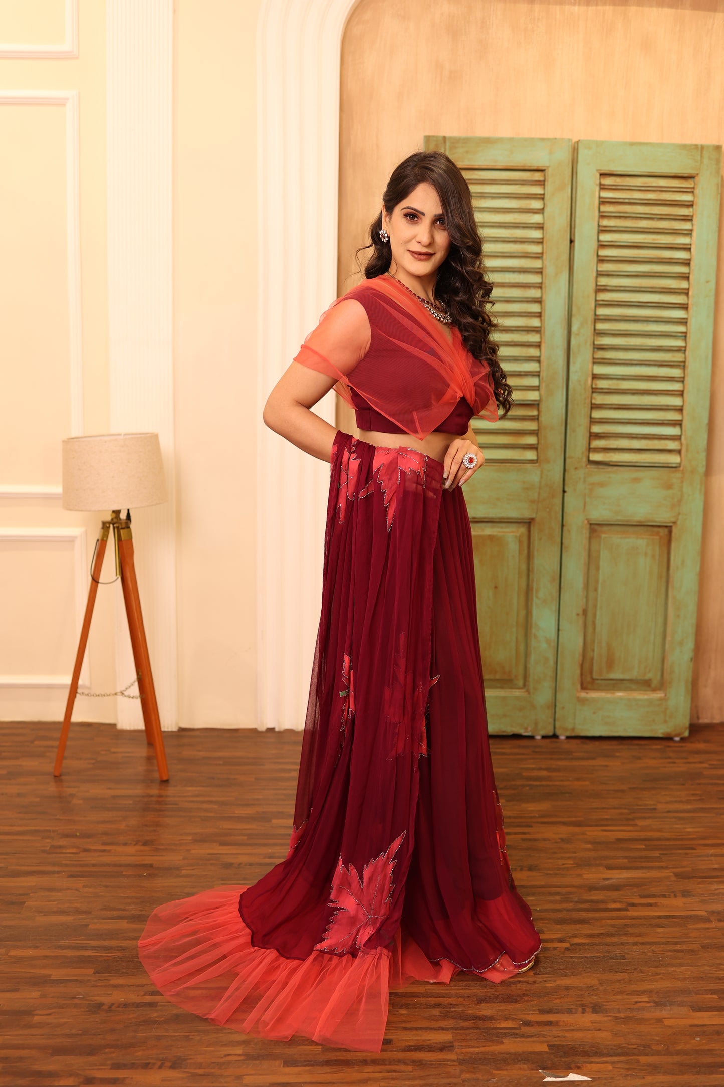 Vega Pure Chiffon Stylish Lehenga - Pink and Wine Color