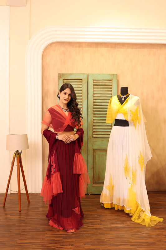 Vega Pure Chiffon Stylish Lehenga - Pink and Wine Color