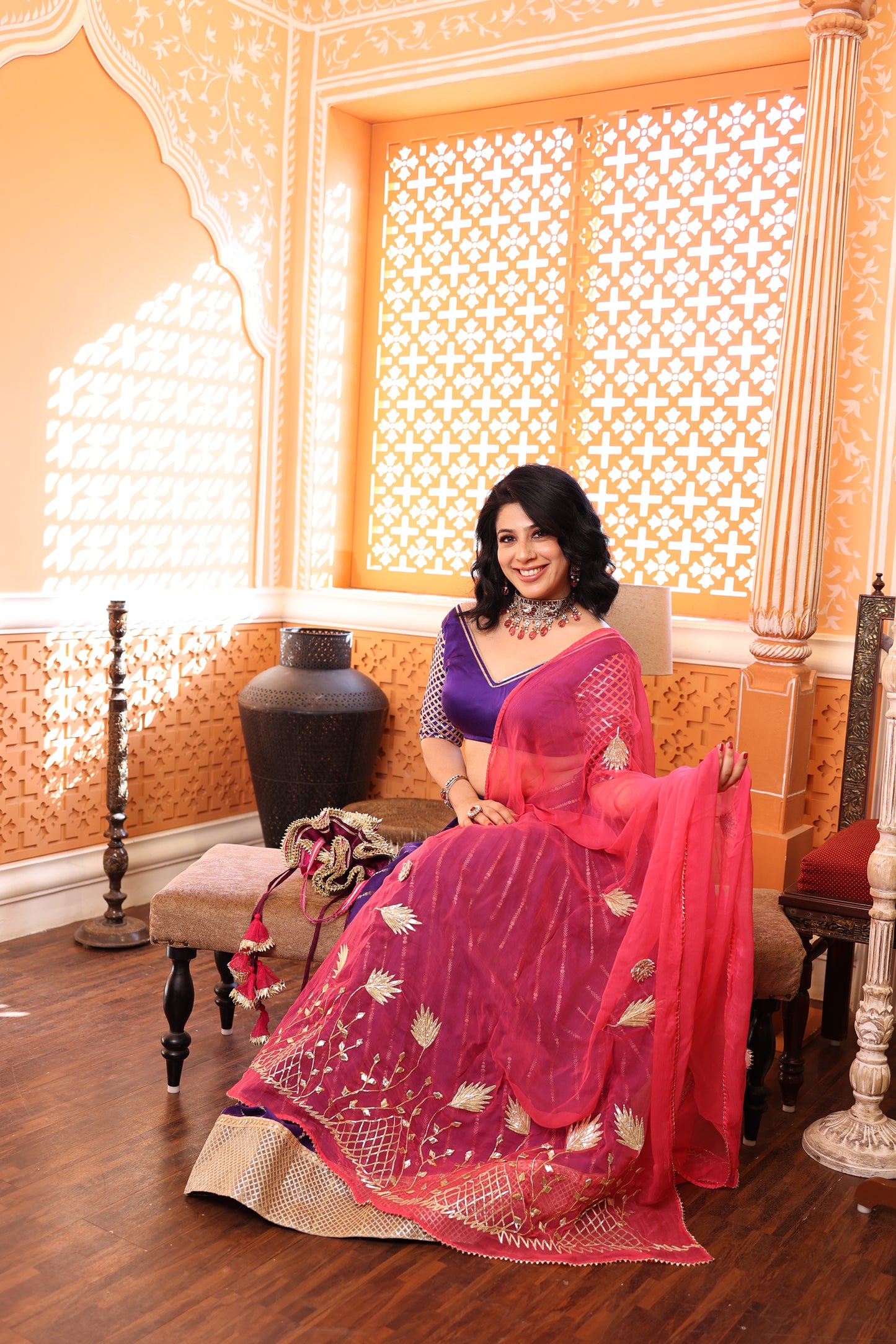 Deep Purple Chanderi Silk Lehenga with Fuchia Pink Dupatta