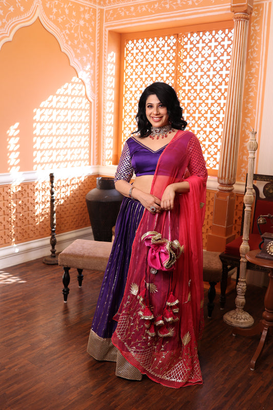 Deep Purple Chanderi Silk Lehenga with Fuchia Pink Dupatta