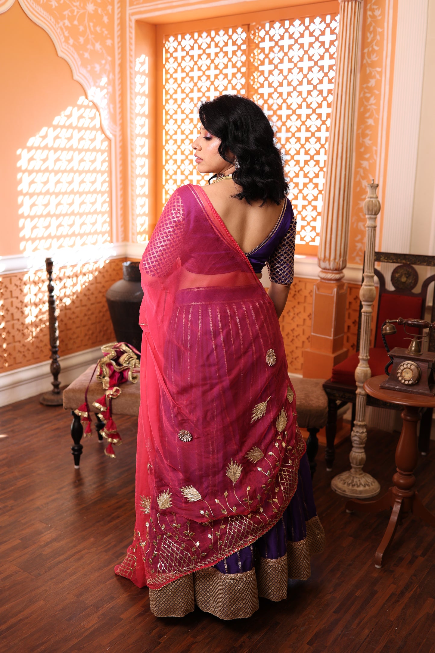 Deep Purple Chanderi Silk Lehenga with Fuchia Pink Dupatta