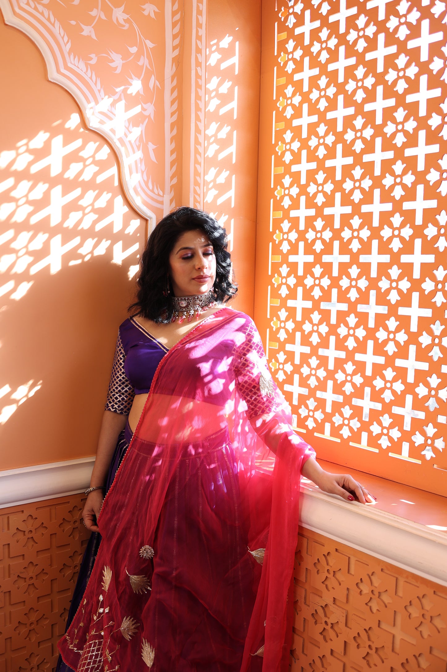 Deep Purple Chanderi Silk Lehenga with Fuchia Pink Dupatta