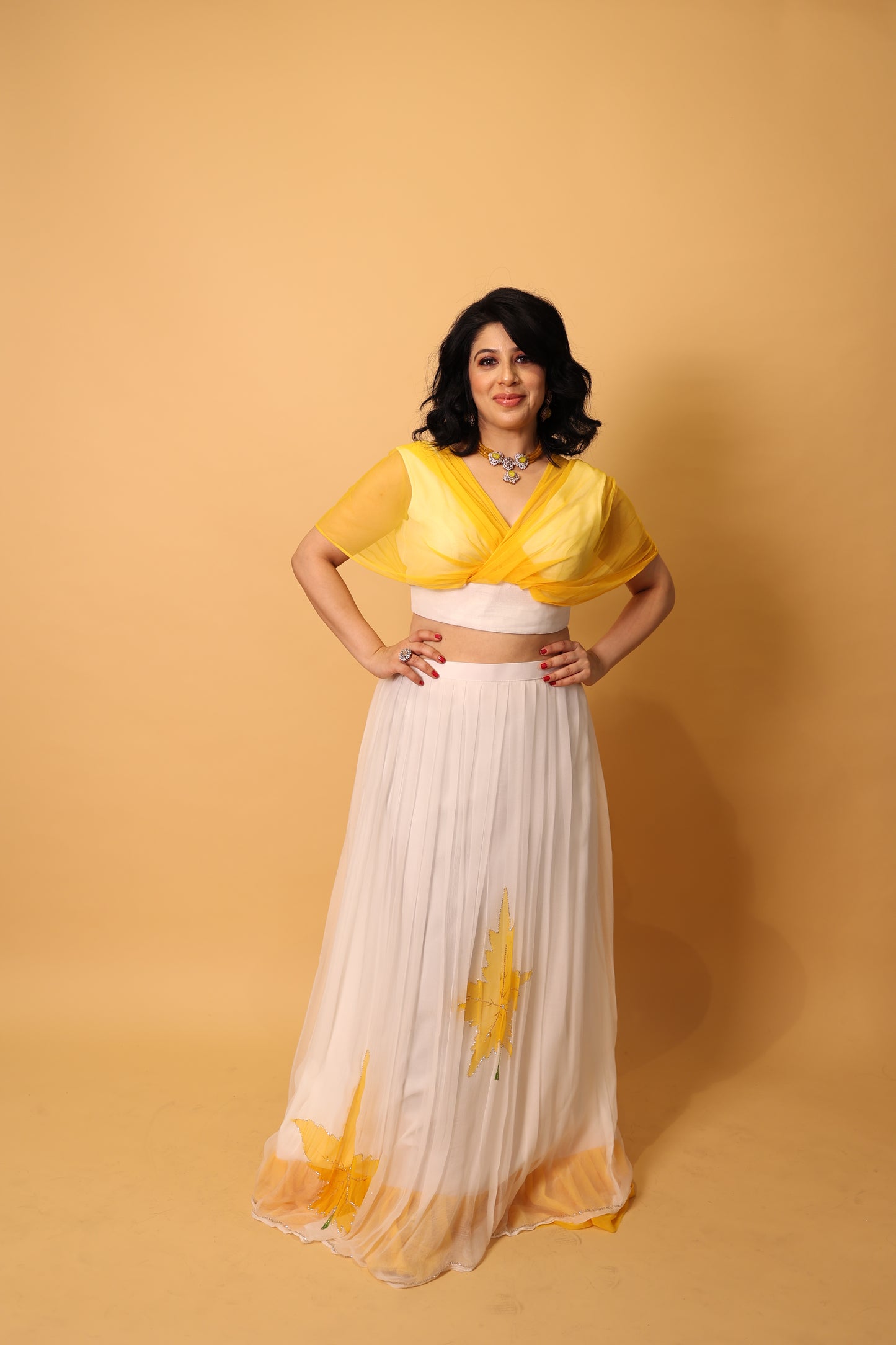 Vega Pure Chiffon Stylish Lehenga - Yellow and White