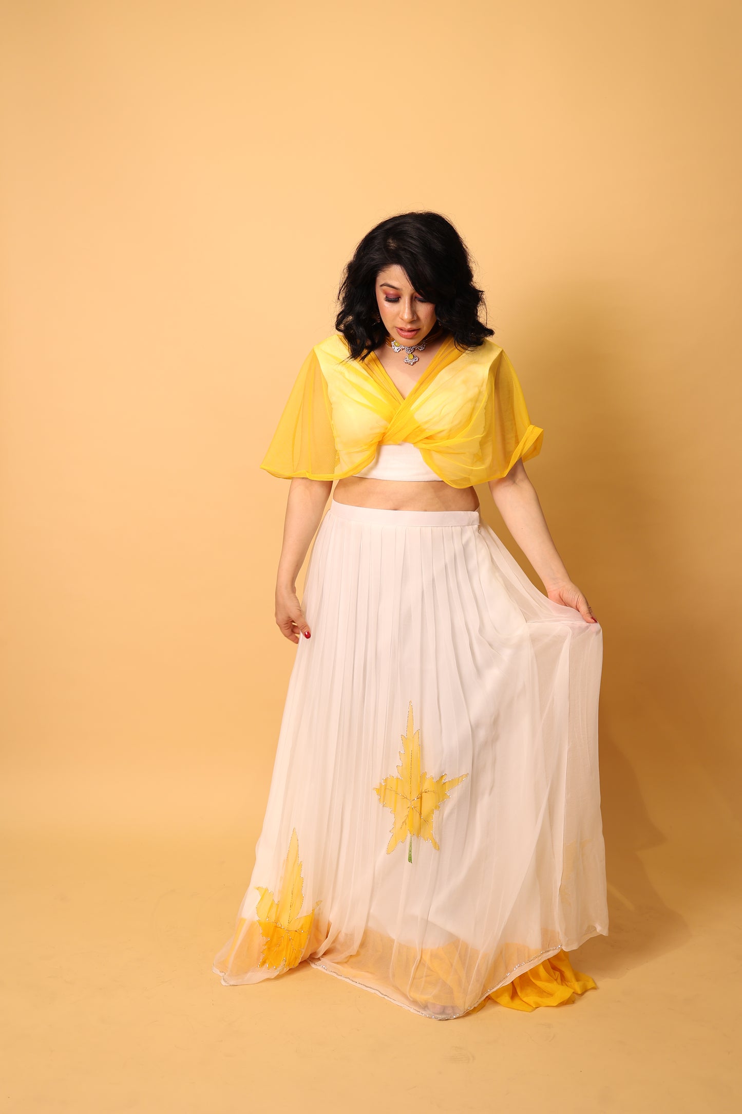 Vega Pure Chiffon Stylish Lehenga - Yellow and White