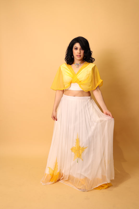 Vega Pure Chiffon Stylish Lehenga - Yellow and White