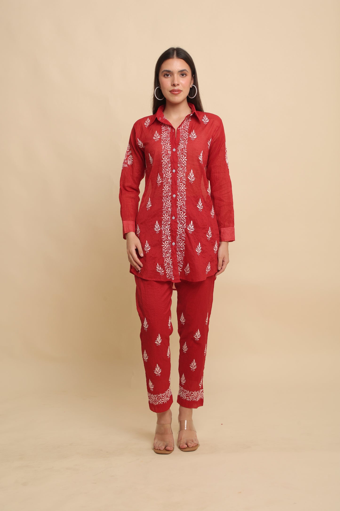 Chikankari Silk Co-ord Set Rustic Red