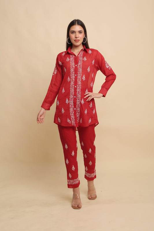 Chikankari Silk Co-ord Set Rustic Red