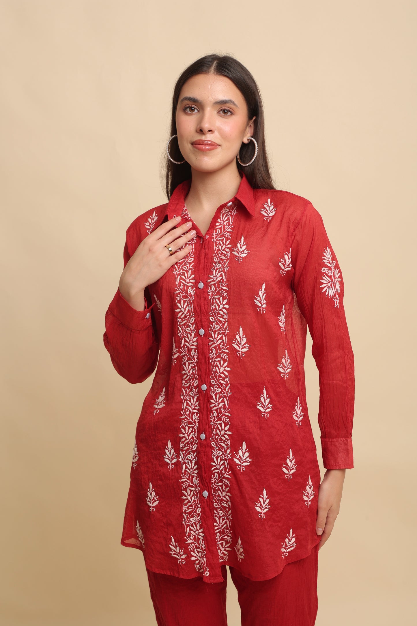 Chikankari Silk Co-ord Set Rustic Red