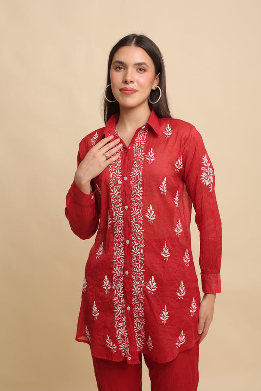 Chikankari Silk Co-ord Set Rustic Red