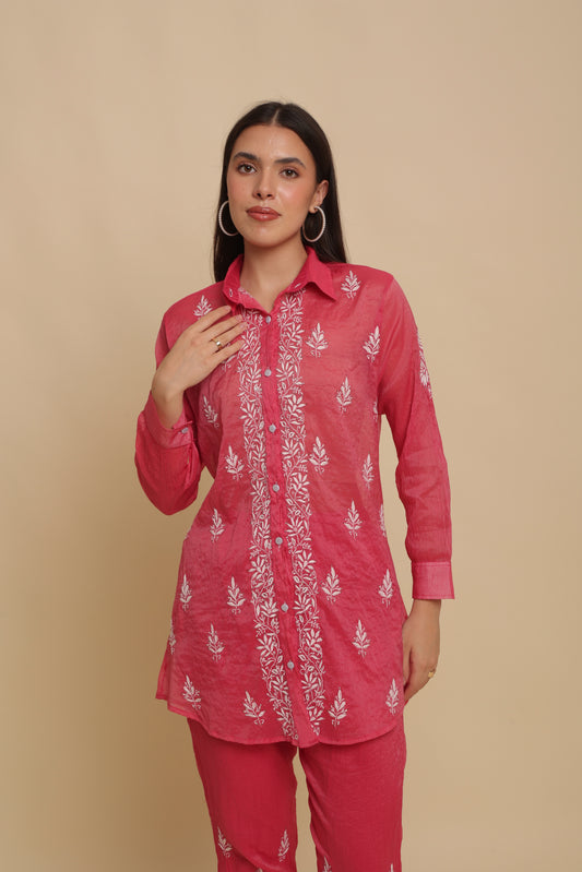 Chikankari Silk Co-ord Set Fuchsia Pink