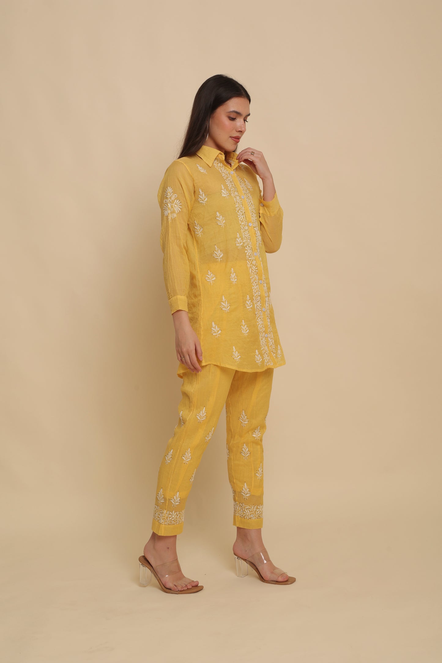Chikankari Silk Co-ord Set Mango Yellow