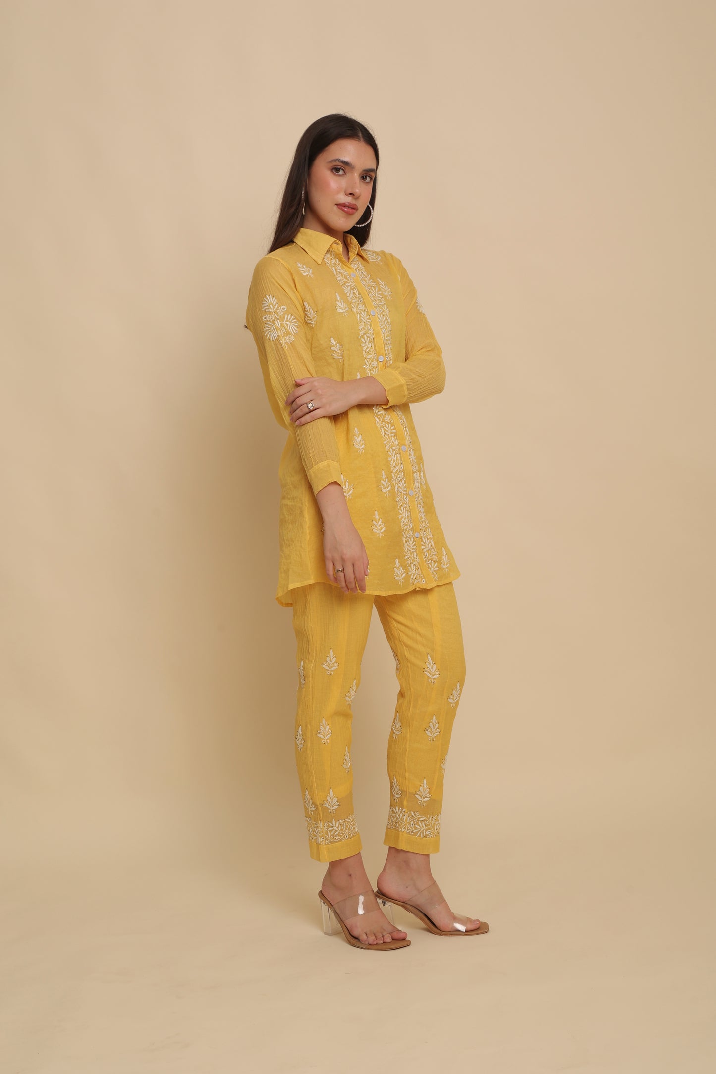 Chikankari Silk Co-ord Set Mango Yellow