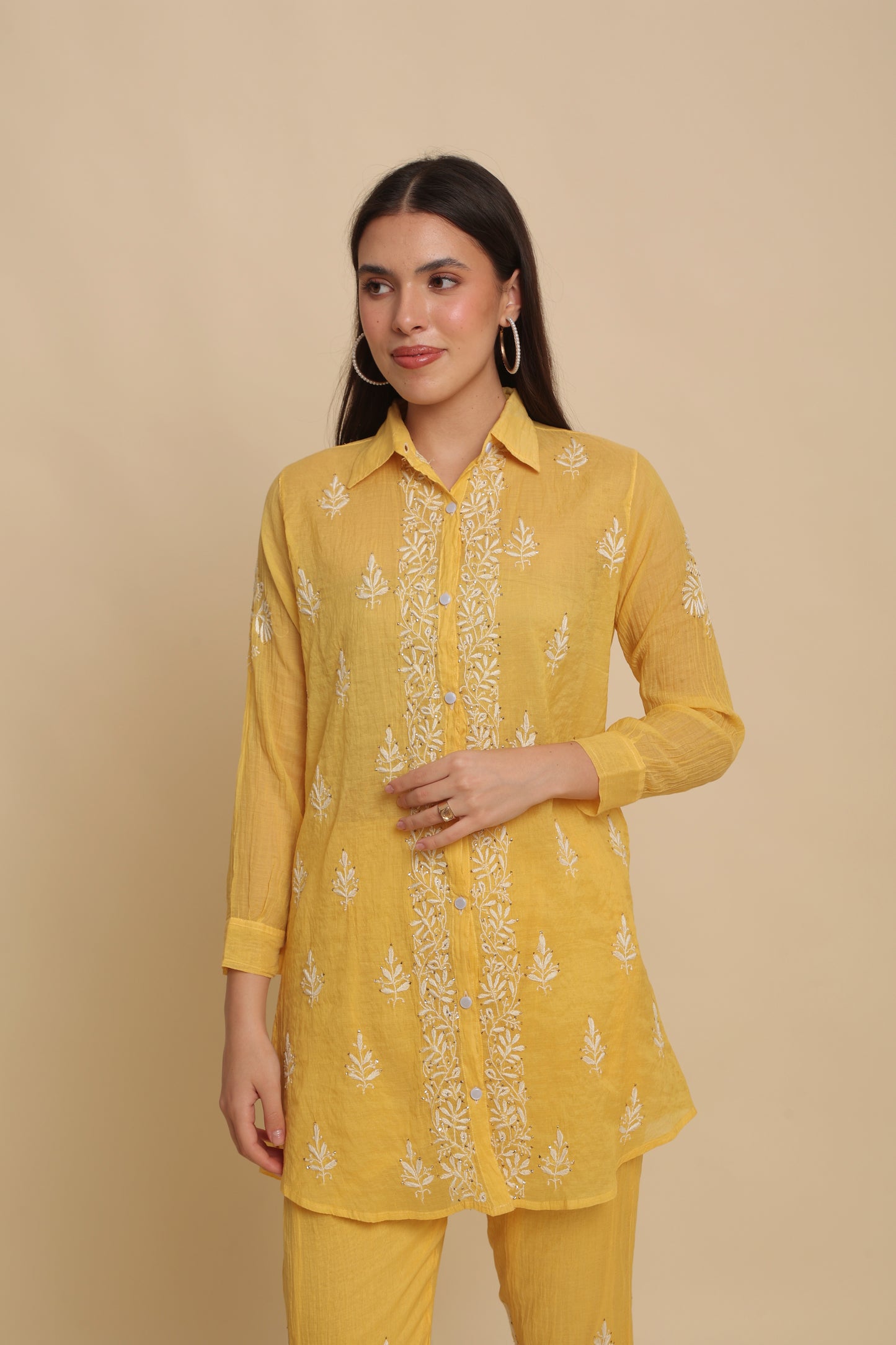 Chikankari Silk Co-ord Set Mango Yellow