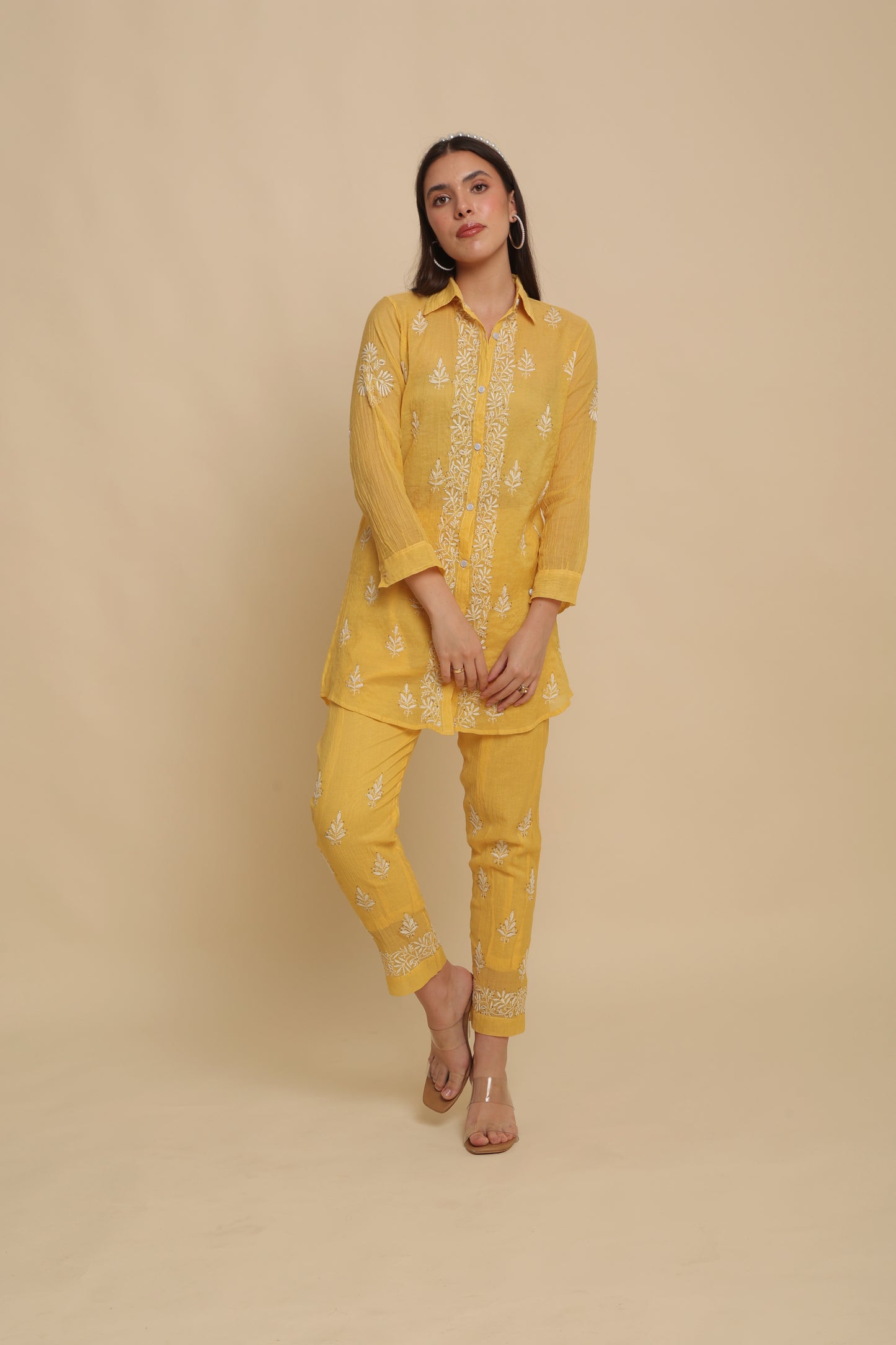 Chikankari Silk Co-ord Set Mango Yellow