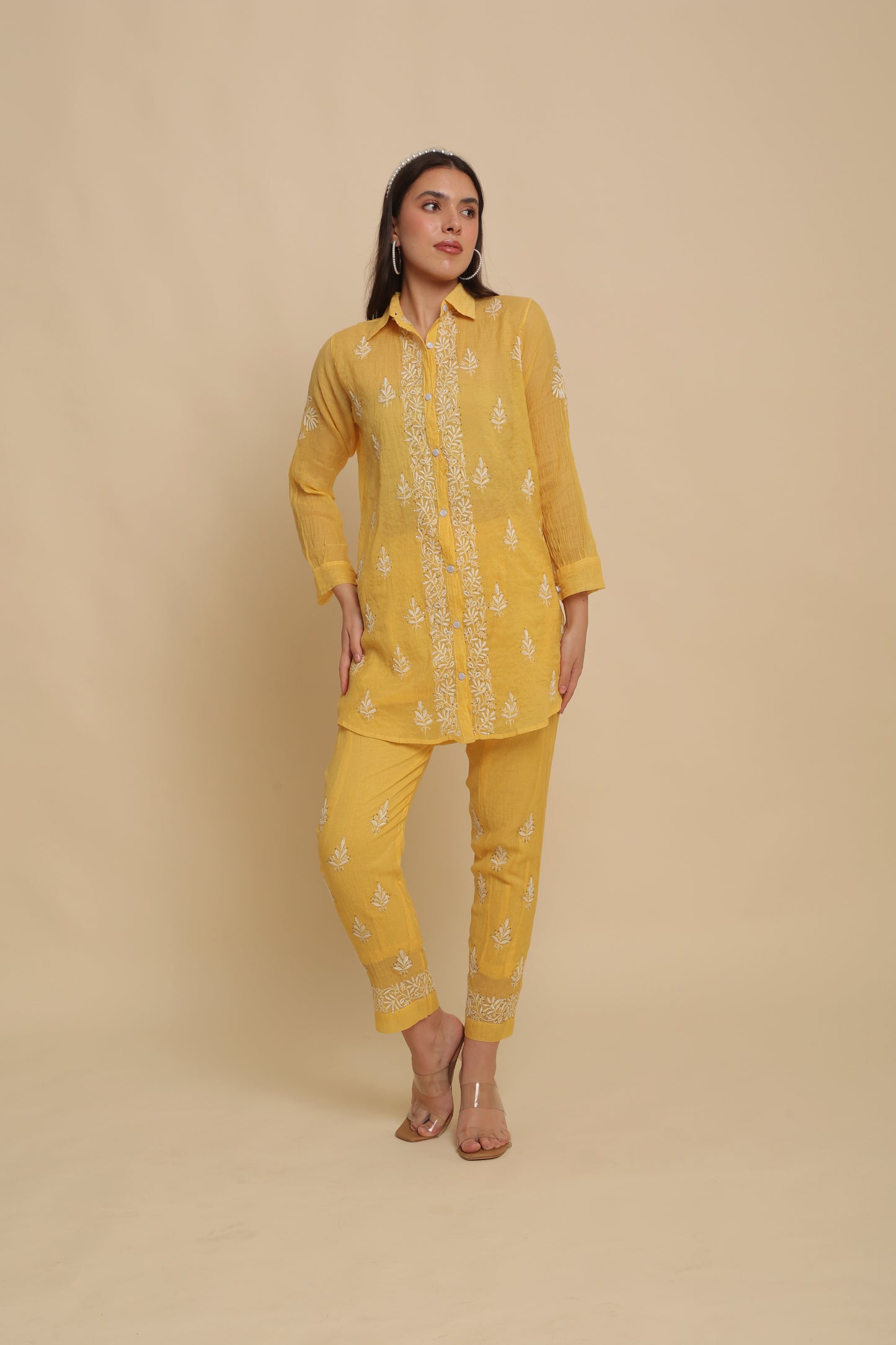 Chikankari Silk Co-ord Set Mango Yellow