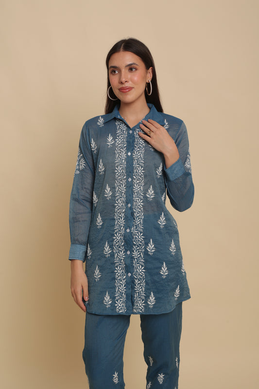 Chikankari Silk Co-ord Set Ink Blue