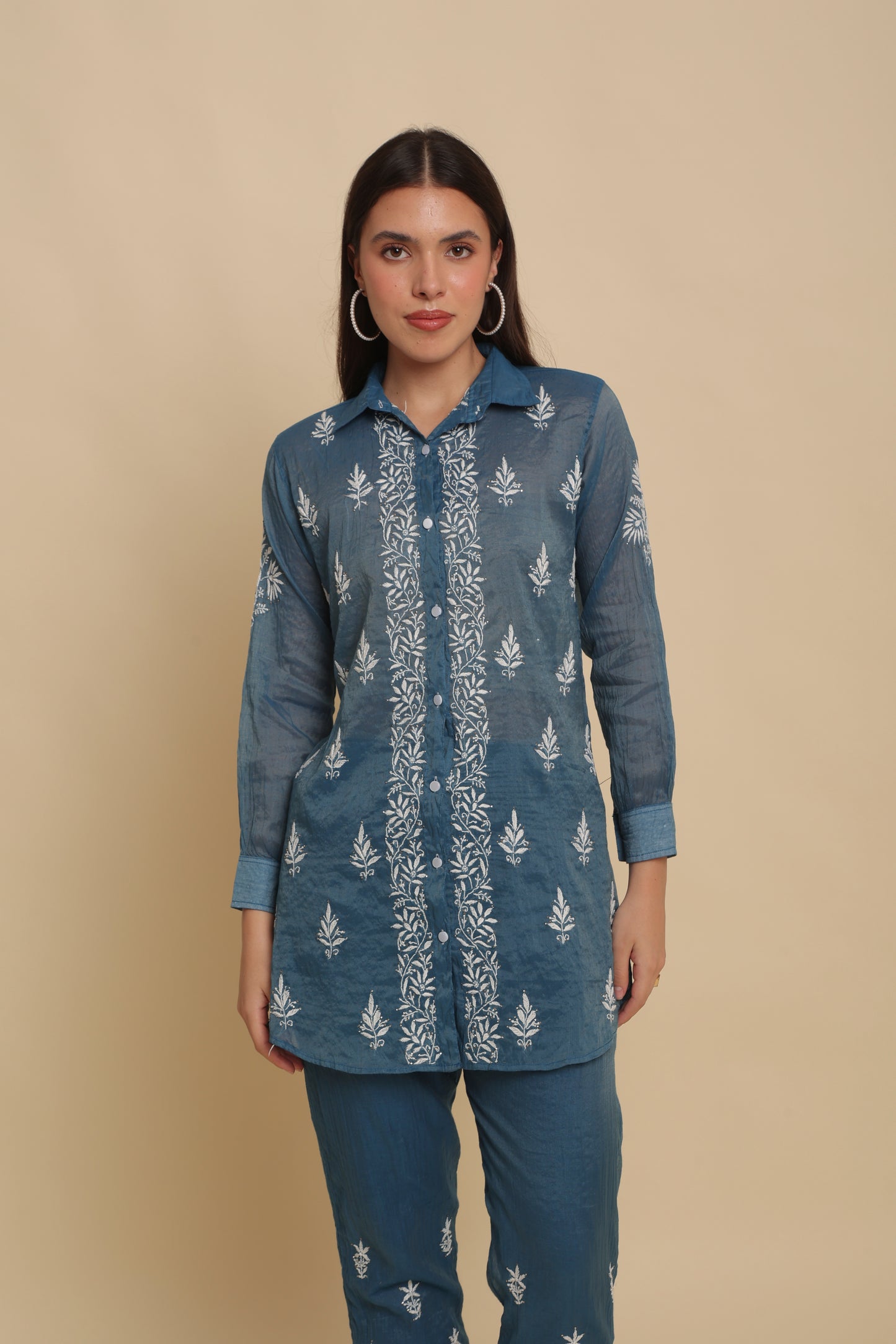 Chikankari Silk Co-ord Set Ink Blue