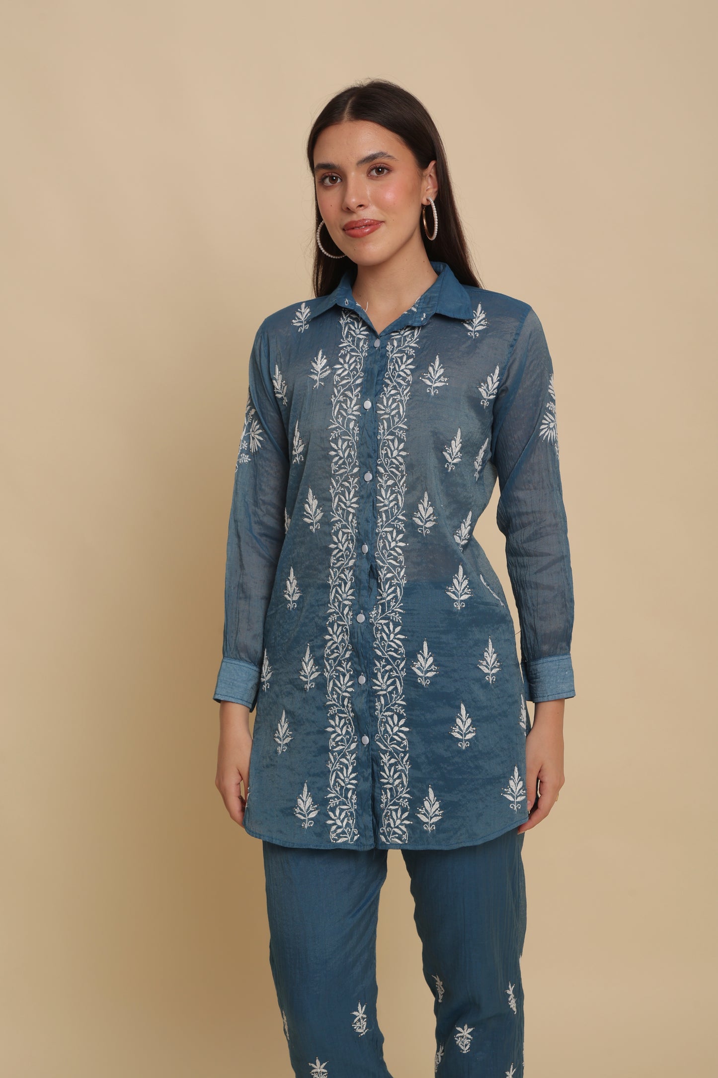 Chikankari Silk Co-ord Set Ink Blue