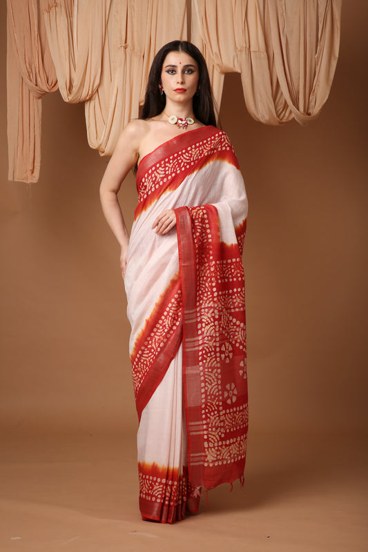 Bongsutra Saree- Bengali Linen Saree with Chapa Work