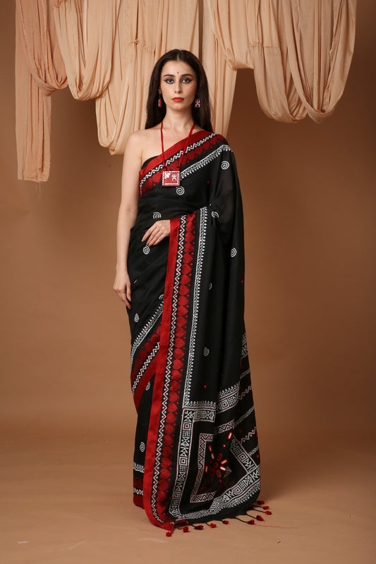 Bongsutra Saree- Bengali Linen Saree with Mirror and Chapa Work