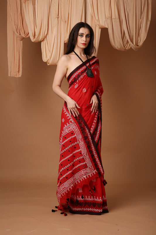 Bongsutra Saree- Bengali Linen Saree with Mirror and Chapa Work