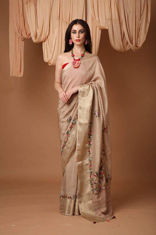 Ivory Silk Saree with Katha Hand Embroidery and Banarasi Zari Border