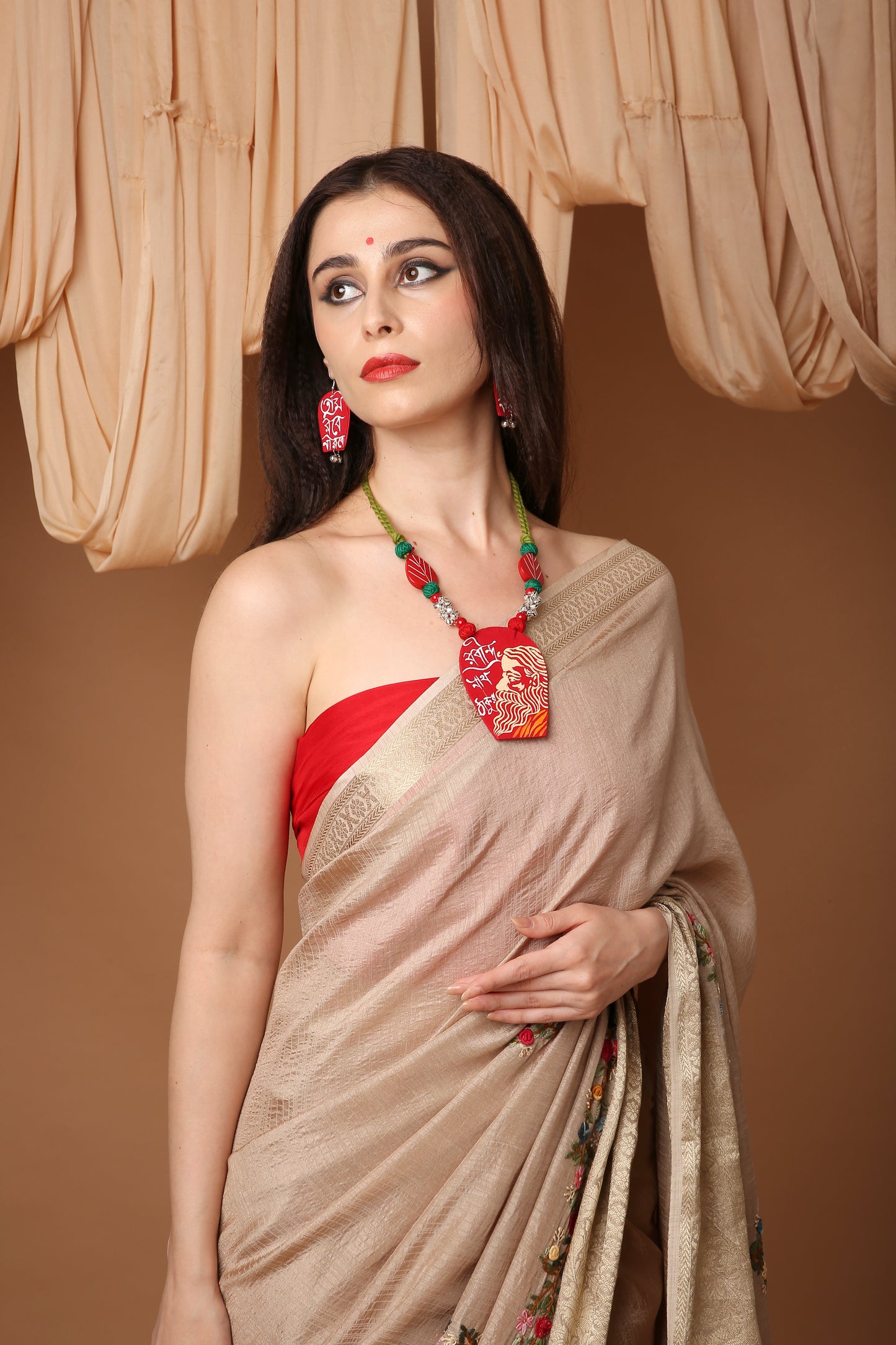 Ivory Silk Saree with Katha Hand Embroidery and Banarasi Zari Border