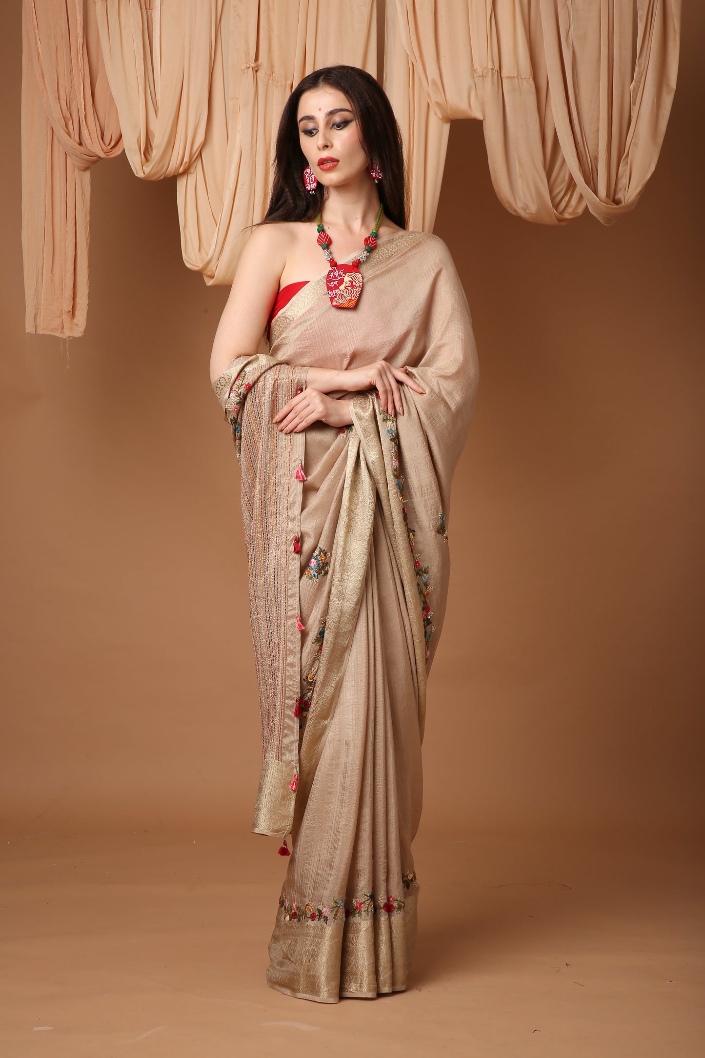 Ivory Silk Saree with Katha Hand Embroidery and Banarasi Zari Border