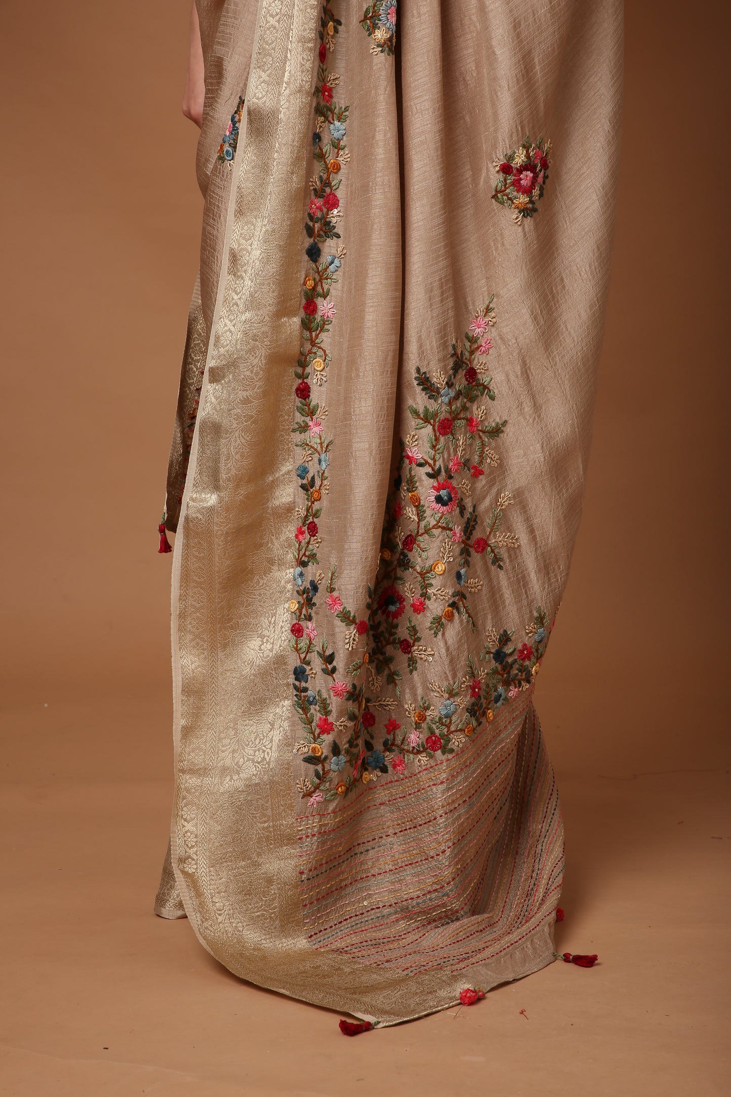 Ivory Silk Saree with Katha Hand Embroidery and Banarasi Zari Border