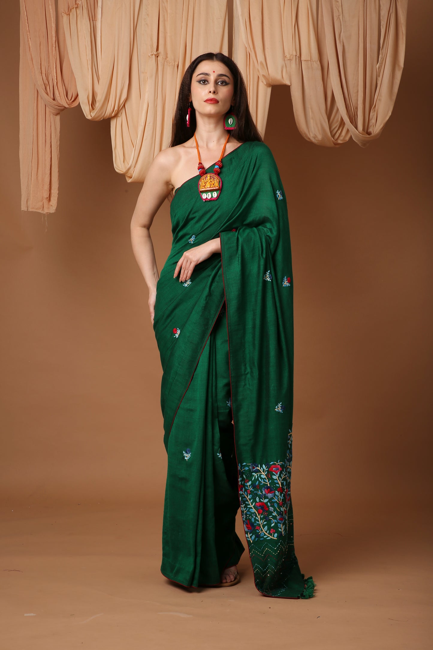 Lush Green  Linen Silk Saree with Katha Work