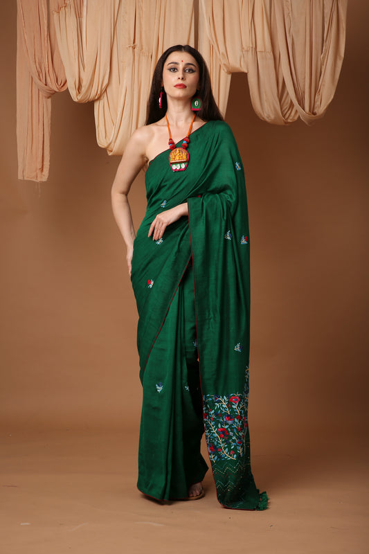 Lush Green  Linen Silk Saree with Katha Work