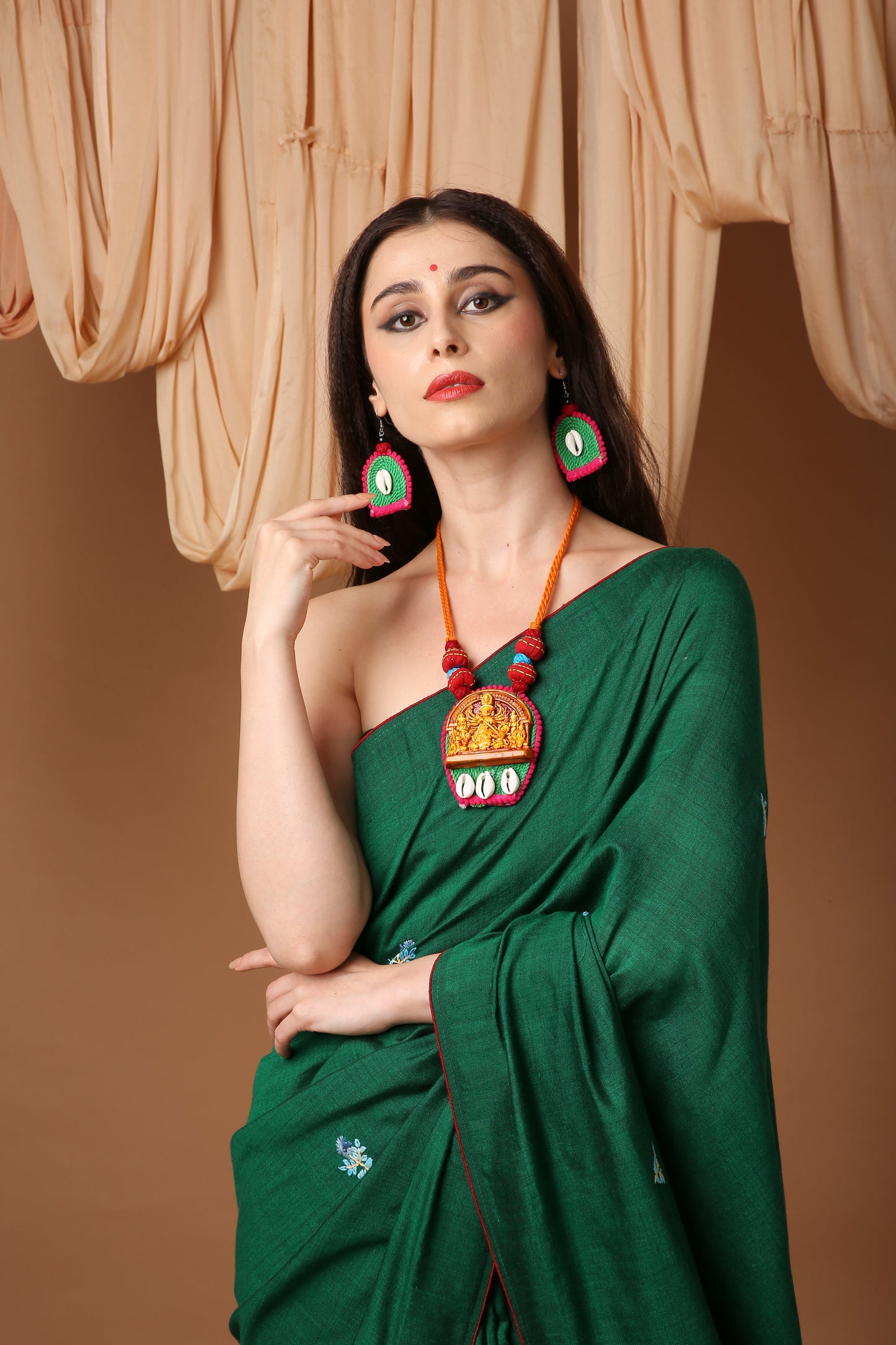 Lush Green  Linen Silk Saree with Katha Work