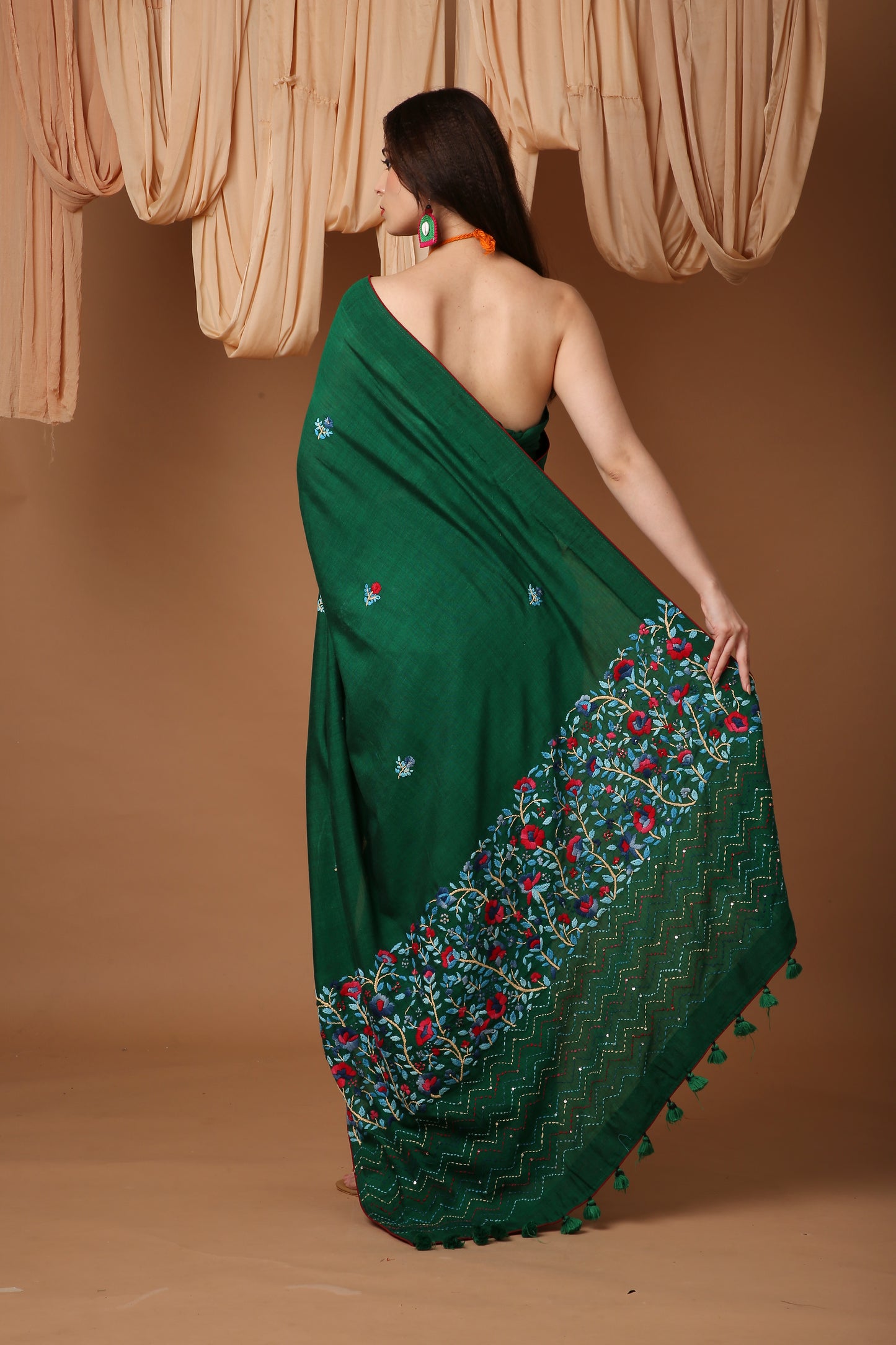 Lush Green  Linen Silk Saree with Katha Work
