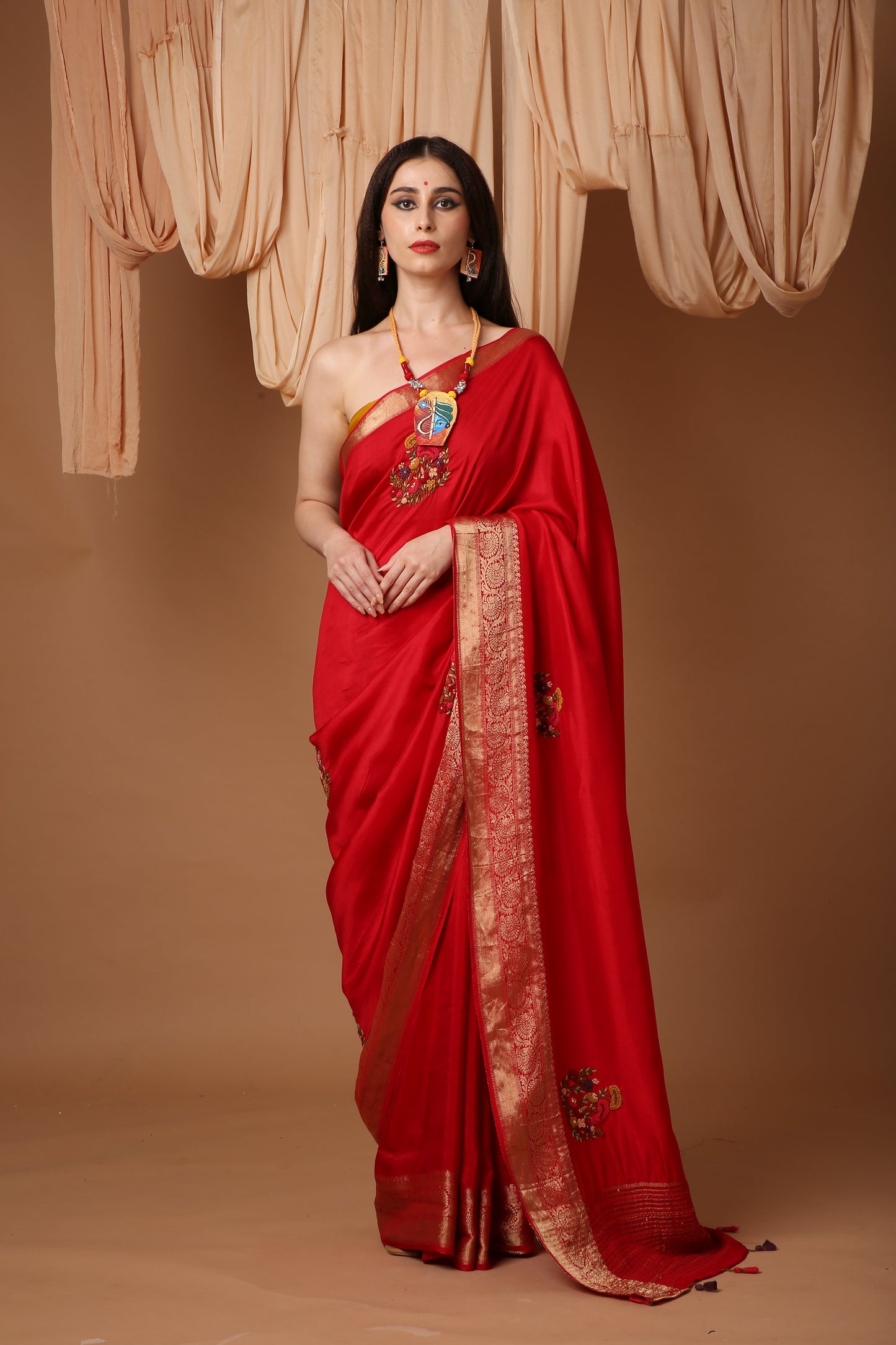 Red Silk Saree with Katha and Phulkari Hand Embroidery and Banarasi Zari Border
