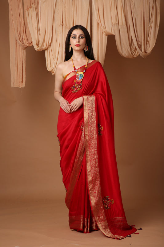 Red Silk Saree with Katha and Phulkari Hand Embroidery and Banarasi Zari Border