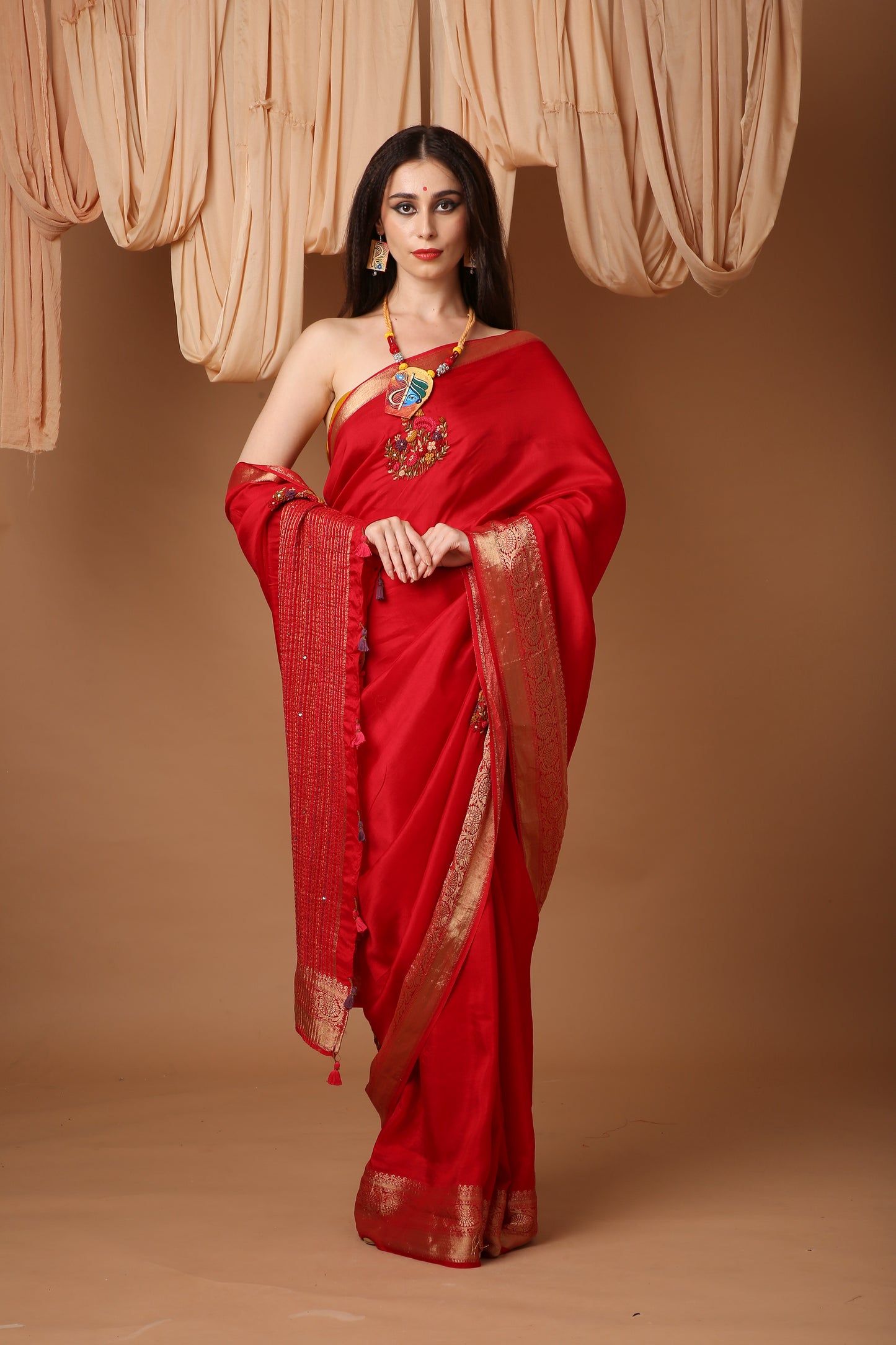 Red Silk Saree with Katha and Phulkari Hand Embroidery and Banarasi Zari Border